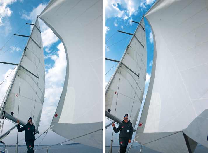 The difference between a genoa sheet that has only been furled on the leech (left) compared with an outboard centre of gravity (right)