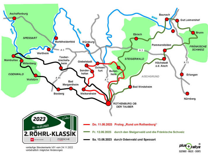 Übersichtskarte  2. Röhrl-Klassik, Von 10. Bis 13. Mai findet die 2. Röhrl-Klassik in  der Main und Tauber Region statt. An den Start gehen 130 Teams in ihren  historischen Porsche.