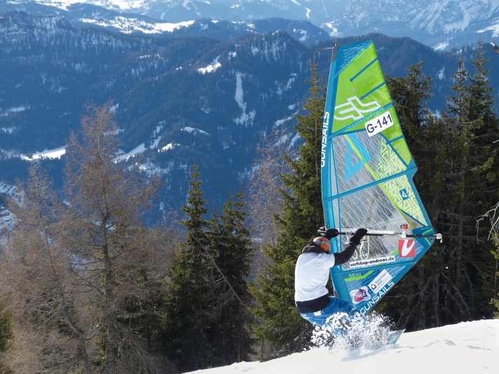 Nick is also snowsurfing in the mountains.