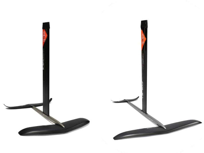 With cruiser foils (left), the mast sits closer to the front wing, the wings have more surface area and are thicker than with race foils (right).