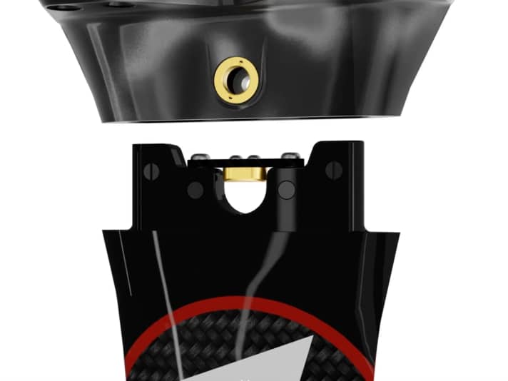 The mounting plate (top) remains fixed to the board. The foil mast is attached and fixed in place with just one screw