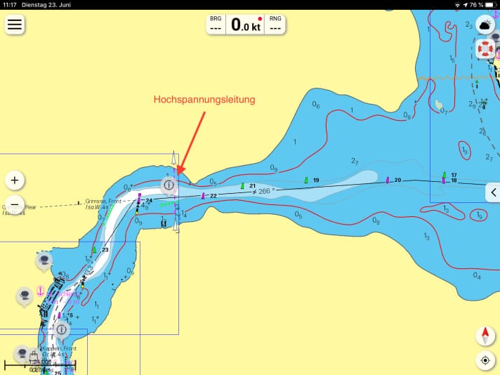   Die Stelle der Sperrung nahe Rabelsund am Unterlauf der Schlei liegt je nach Fahrtrichtung kurz vor (schleiaufwärts) oder hinter Kappeln