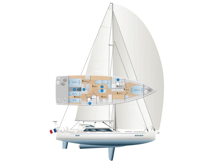 Un seul agencement de cabine, peu de variantes - Boreal ne propose que deux options sous le pont pour le 56 : Dans le passage du salon vers l'avant du bateau, il est possible de placer une quatrième cabine au lieu de l'espace de travail et de rangement ; mais dans ce cas, le bureau dans la chambre du propriétaire est supprimé. À l'arrière, à tribord, un opulent local technique est disponible en option à la place des couchettes.