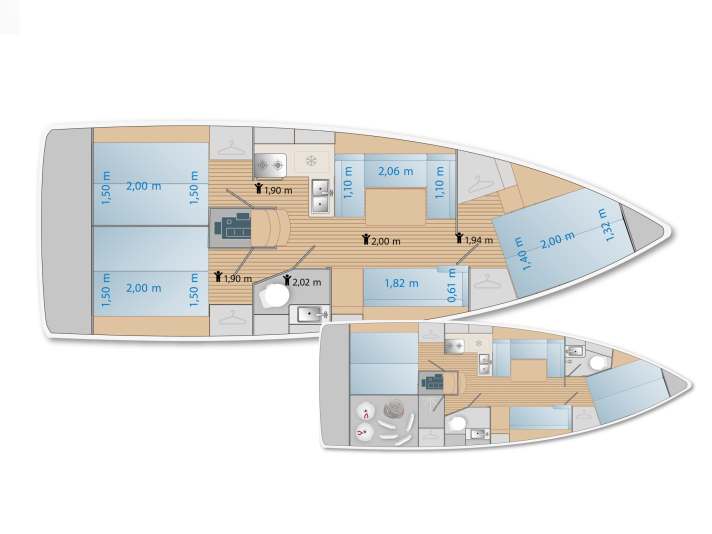 Structures décalées : la cloison principale est installée de manière décalée. Cela est possible grâce à la couchette installée latéralement à l'avant du bateau.