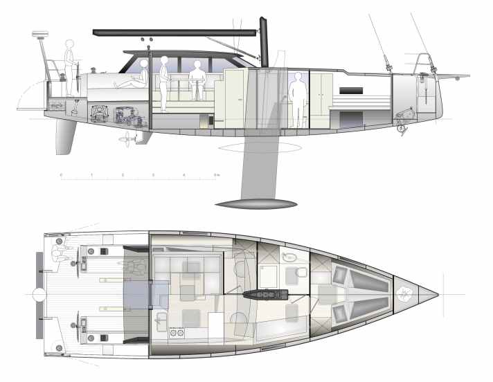 Der Wohnraum endet am Niedergangsschott | Illustration: Berckemeyer Yachtdesign