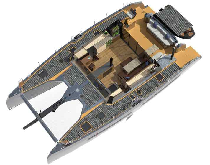 Harte Schale, sanfter Kern: Unlackiertes Aluminium und klare Kanten verleihen dem Kat einen markanten Look. Das Deck soll komplett mit Solarpanels ausgestattet werden, ebenso die Davits und Teile des Groß. Drinnen und draußen ist Platz zum Arbeiten vorgesehen. Zur Isolierung wird Kork verwendet