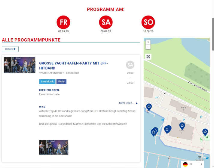 The screenshot above is from the programme section of the Yacht Festival website: If you move the mouse pointer over the programme item "Big harbour party with JFF hit band", for example, you will see a bouncing marker on the adjacent map. No matter which boat, which exhibitor, which programme item - the moving digital pointer always reveals the respective location. A function that is not available on any other German boat show website - only at <a href="https://www.yachtfestival.de/" target="_blank" rel="noopener noreferrer">Yachtfestival.de</a>