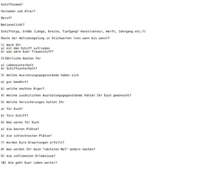   Diese zehn Fragen haben die Segler aus Schenks "Who's who im Weltumsegeln" beantwortet