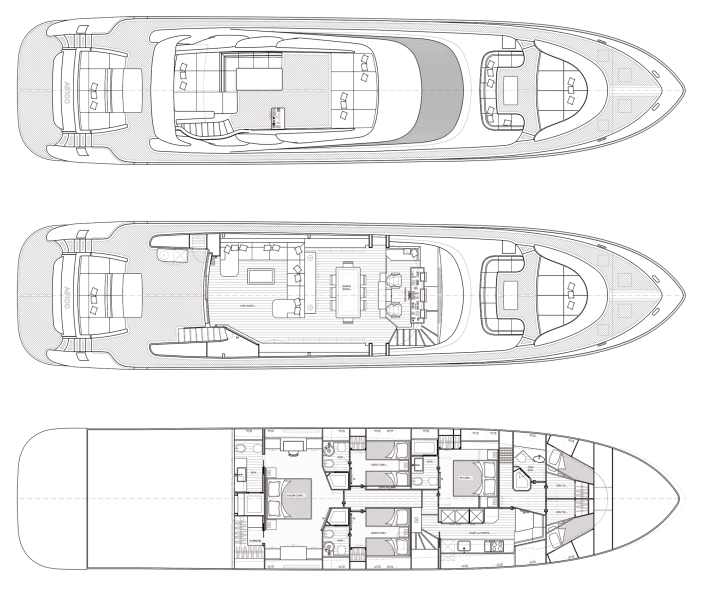 Klassische Raumaufteilung: Eignerpaar, VIPs und vier Gäste wohnen auf dem Unterdeck. Das Crewquartett übernachtet im Bug vor der Galley | Abbildung: BEX