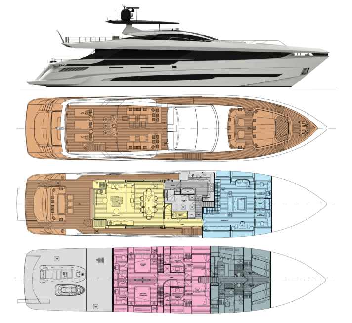 Owner's area: At the front of the main deck is the 40-square-metre master suite with office and king-size bed (blue). Family deck: The owner's children and grandchildren are accommodated in the four guest cabins, with the crew of five living in front (pink).