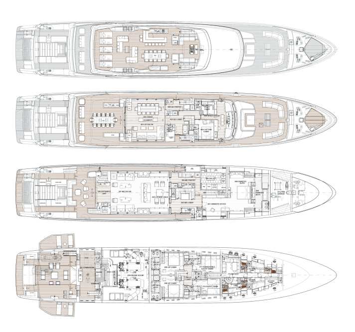 Charterfreundlich: vier Kabinen auf dem Unterdeck, eine auf dem Haupt- und eine auf dem Oberdeck. Der Beachclub ist das Highlight der Yacht | Abbildung: BEX