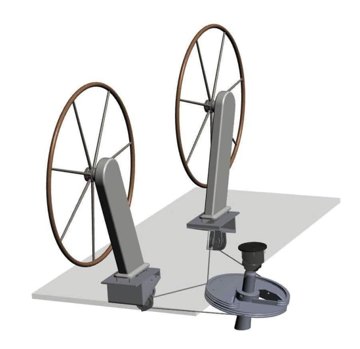 Two separate ropes lead from the wheels to the quadrant
