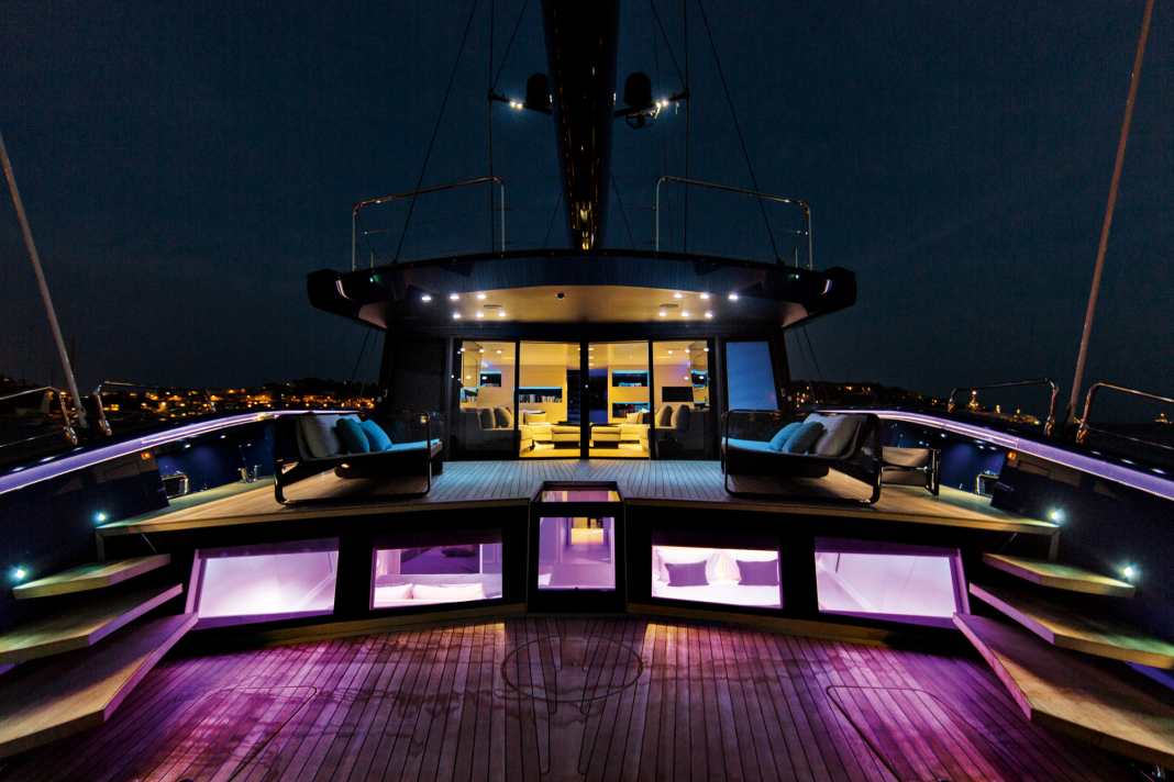 View from the outside: The owner sleeps aft in front of the stern terrace on the 50 metre long Wally "Better Place"