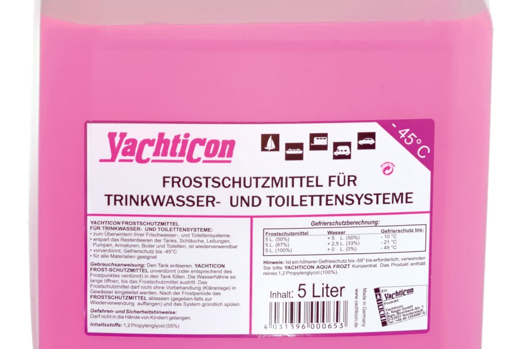 Antigelo per acqua potabile e impianti igienici Yachticon. Protezione antigelo pre-diluita fino a -45 °C.        Adatto a tutti i materiali. 19,95 euro/5 litri