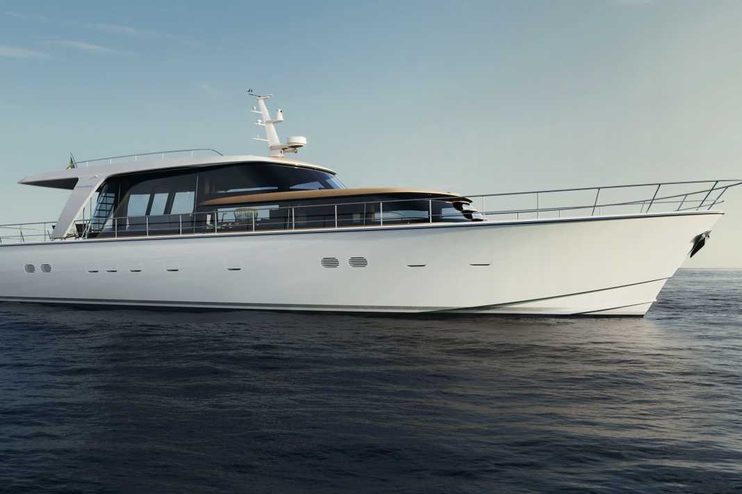 Linien-Purismus: Der klassische Riss des 25,50 Meter langen und 6,50 Meter breiten Projekts SHE sticht ins Auge mit schrägem Steven, schlanker Silhouette, lamellierten wie perforierten Bullaugen und den diagonalen Stützen des Kajütdachs, die an Italo-Kreuzer aus den 1960er-Jahren erinnern.