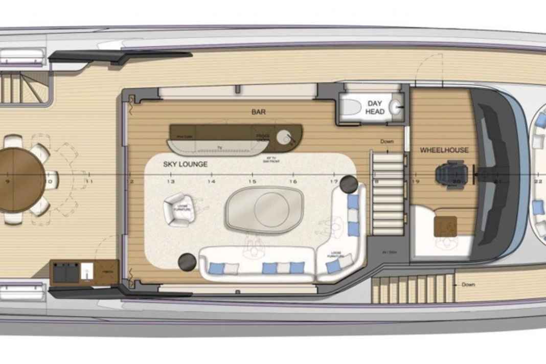 Oberdeck: geschlossener Steuerstand, Niedergang an Steuerbord und asymmetrische Sky Lounge