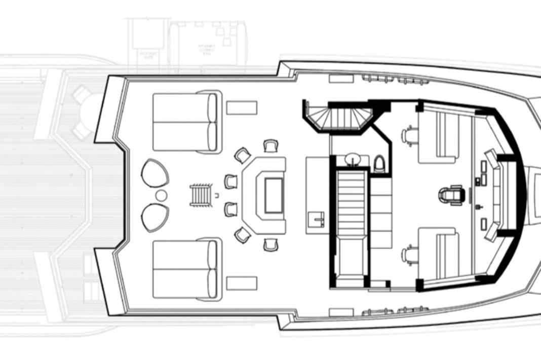 Bridge deck: The short superstructure does not allow for a captain's cabin, but there is a large barbecue area on the outside, behind which steps lead to the crow's nest