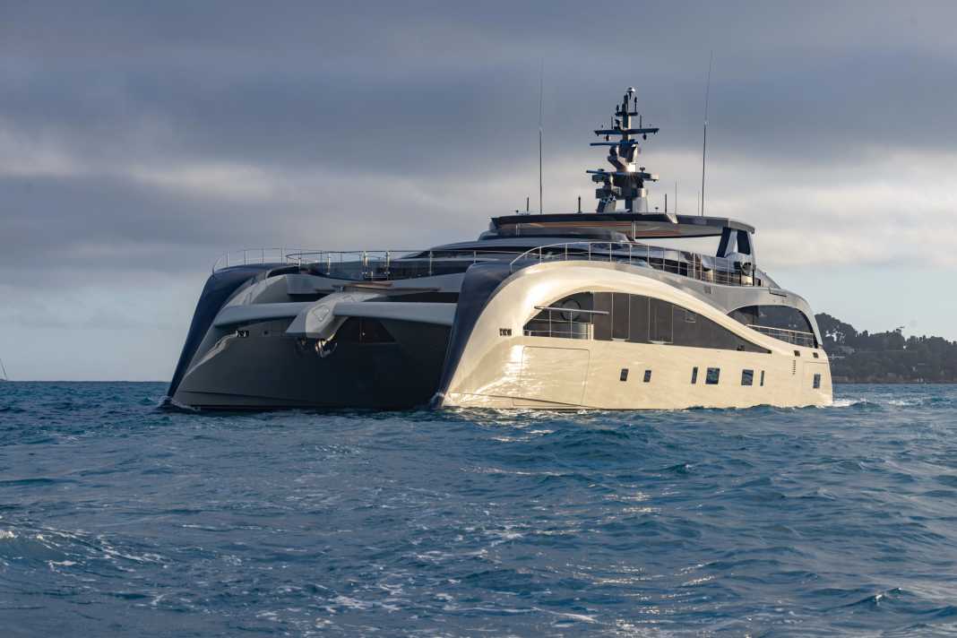 Unusual curves:  Fulvio De Simoni moved away from angular catamaran designs with flowing lines that are reminiscent of historic Bugattis and expose balconies at the front.