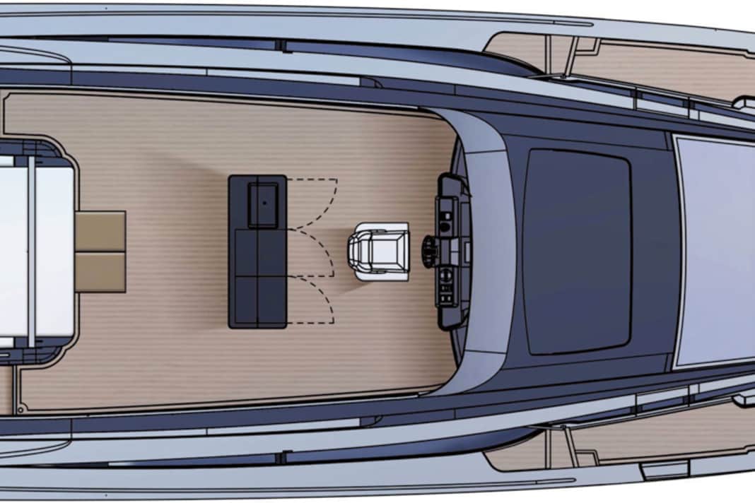 The owner of construction number 1 opted for three captain's chairs at the fly steering position. An outdoor galley is located aft.