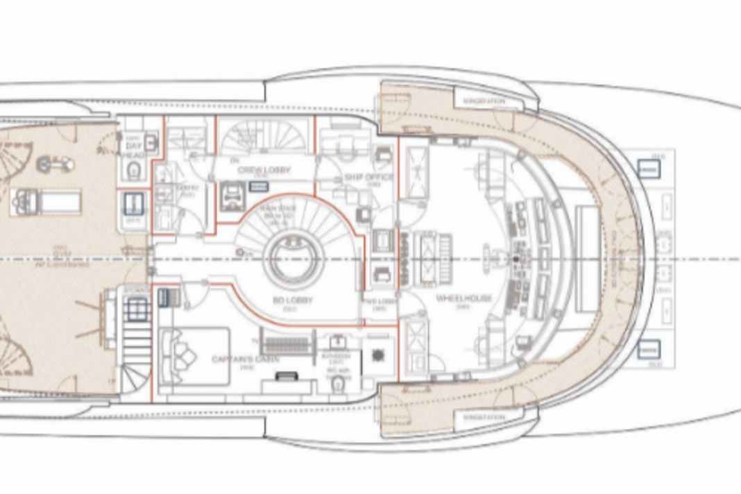 Bridge deck: The captain's cabin is located between the steering position and the indoor-outdoor gym.