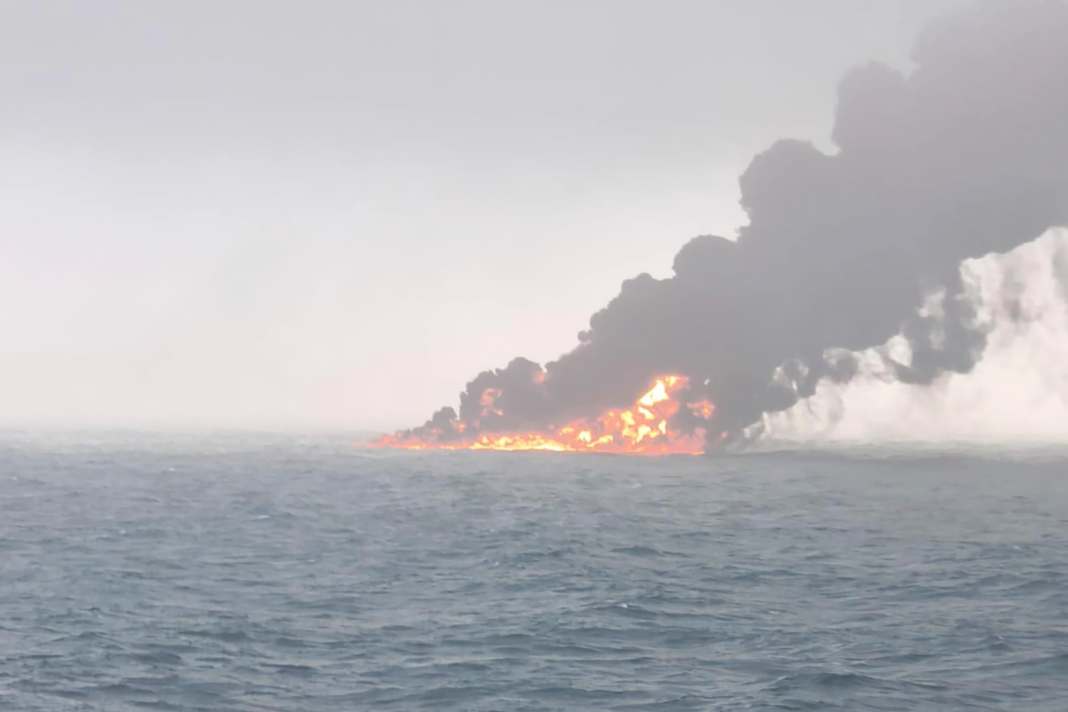 The flames blaze on the high seas, the oil tanker is no longer recognisable.
