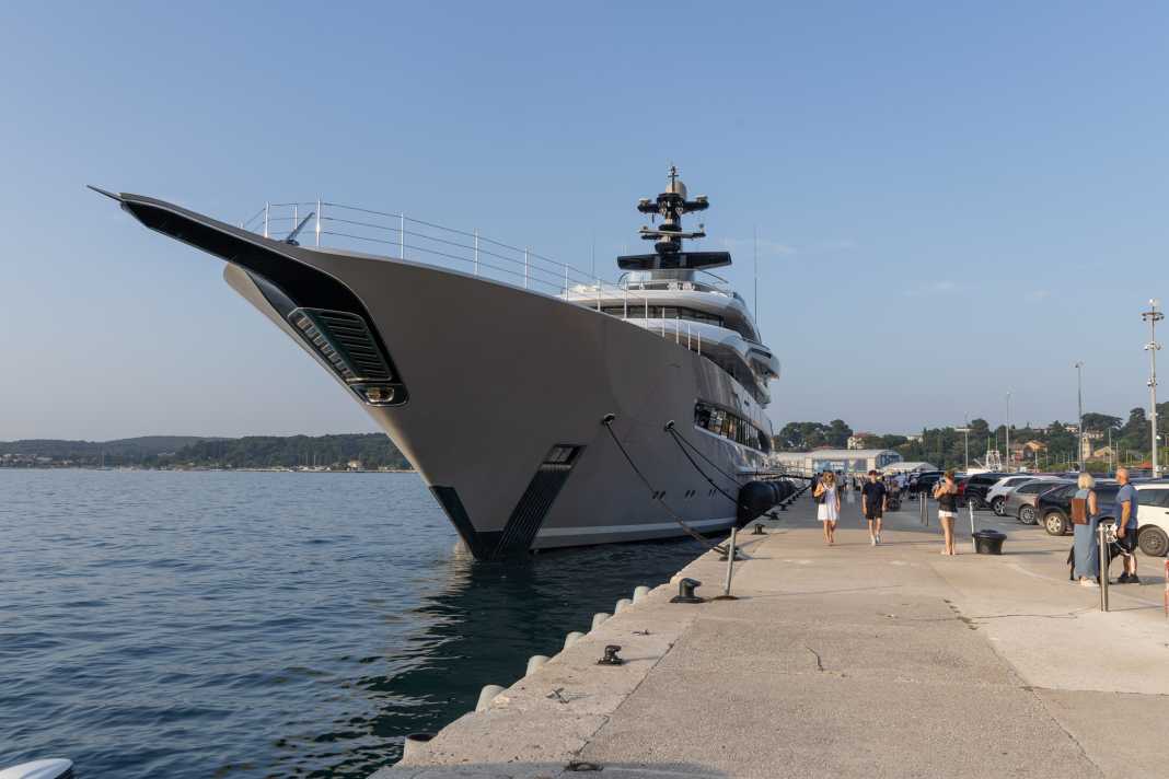Magic Johnson and his charter yacht "Whisper" docked in the harbour of Rovinj in Croatia in June.