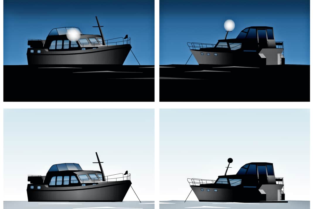 Bezeichnung von „stillliegenden Kleinfahrzeugen“ (bis 20 m) binnen (links) und Bezeichnung von „Fahrzeugen vor Anker“ (unter 50 m) auf See (rechts) | Zeichnung: Christian Tiedt