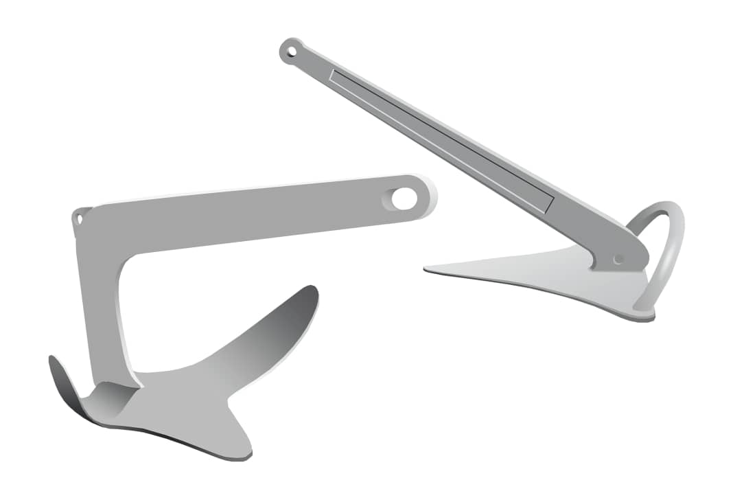 The Bruce anchor: With its protruding, three-bladed flukes in the shape of a shovel, the Bruce has a high holding power when it digs deep into soft ground. With no moving parts, it is easy to handle, but only fits in spacious anchor boxes - or on the roller at the front of the bow. It is less suitable for overgrown and stony ground. The plough anchor: As the name suggests, this anchor digs into the soft ground like a plough under tensile load. An all-purpose model that is marketed with many slight modifications under different product names. The best-known are the CQR with a lateral shank joint (see illustration), the Kobra, whose shank can be folded forwards, and the hingeless Delta