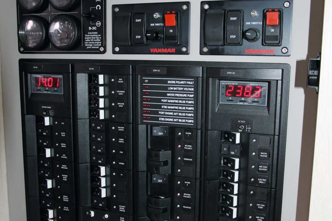 The main control panel is located on the starboard side in the saloon.
