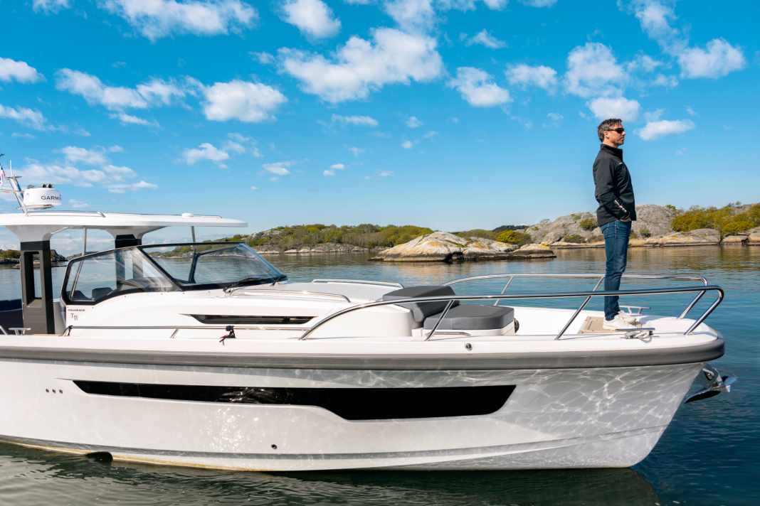 The designer on the bow of a Nimbus T-11 in the archipelago off his native Gothenburg