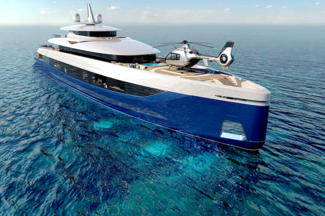 The helicopter lands on the large foredeck of the Livia 72.