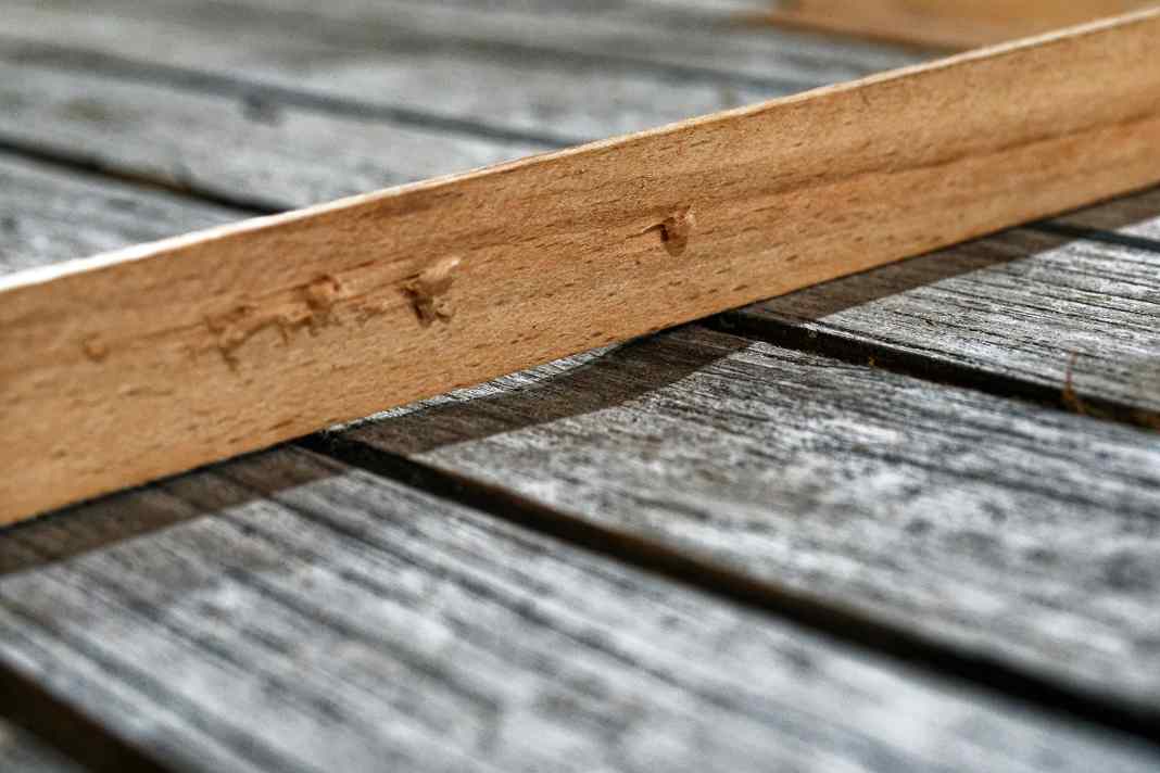 Die Latte macht deutlich, wie unterschiedlich das Holz verwittert und vom jahrzehntelangen Schrubben aus­gewaschen ist. In diesen Tälern würde das Epoxidharz Seen bilden, daher müssen sie eingeebnet werden