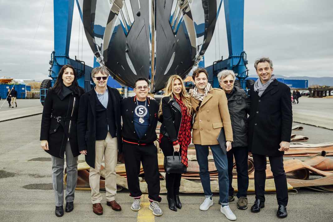 Concentrated pride: Owner JR Ridinger (centre) next to his wife Loren, to whose left Enrico Gobbi is delighted with the successful launch. On the far right of the picture is Rossinavi's COO Frederico Rossi.