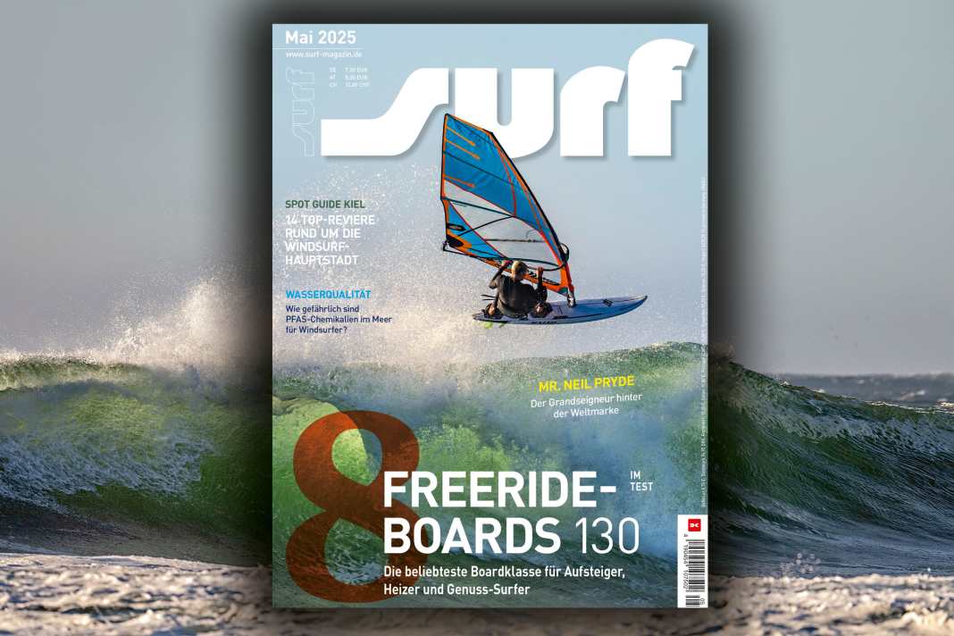 Julian Salmonn schwebt auf dem surf-Cover im Mai vor dem ersten Worldcup des Jahres in Chile über eine Matanzas-Welle