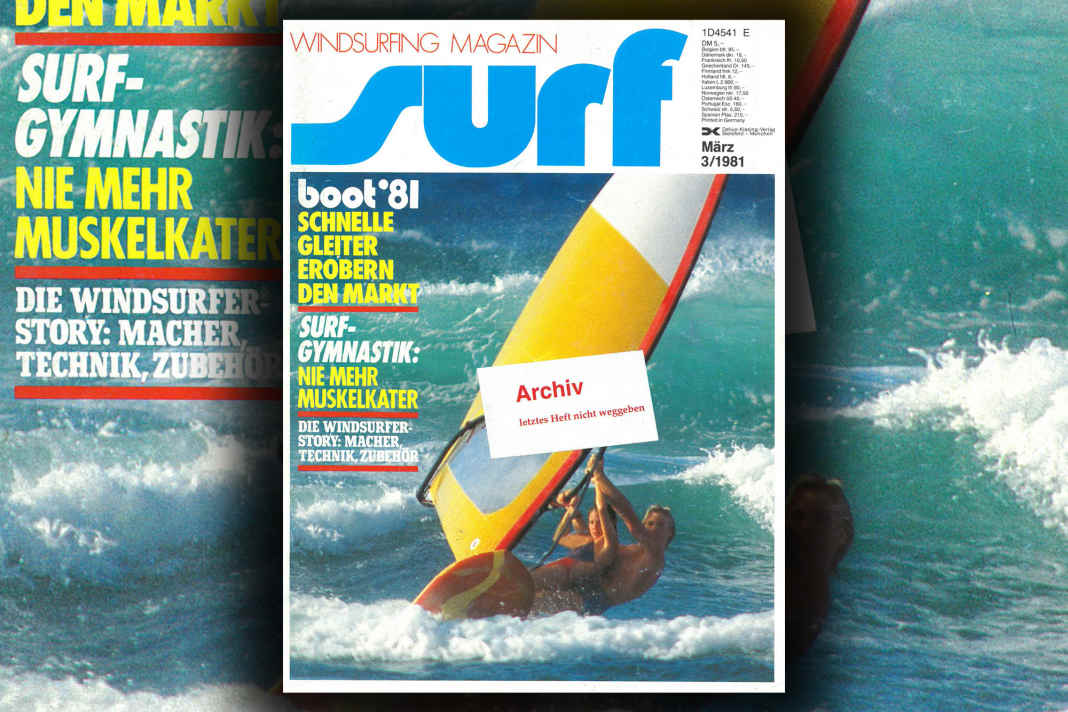 Robby Naish und seine Freundin Bitsy Kelly surfen auf dem Cover in trauter Zweisamkeit durch die Brandung, fotografiert von Michael Garff