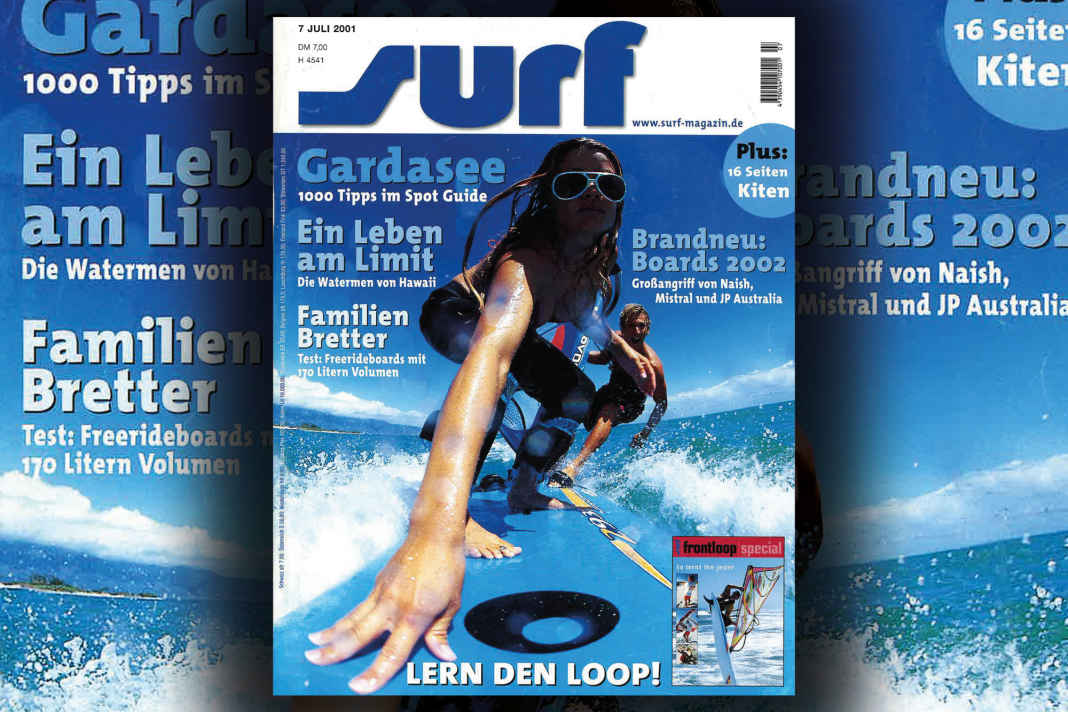 A "duet on the board" adorns the surf cover in July 2001, photographed by Jerome Houyvet.