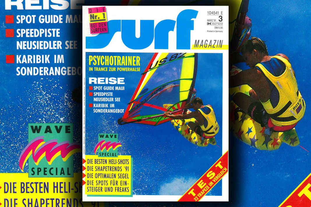 Ian Boyd hebt auf dem Titel von surf 3/1991 über Hookipa ab, fotografiert von Alex Williams