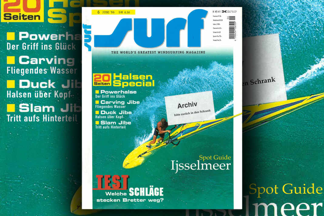 Scott Carvill setzt auf dem Cover von surf 6(1996 zur Race Jibe an - passend zum Halsen Special im Heft