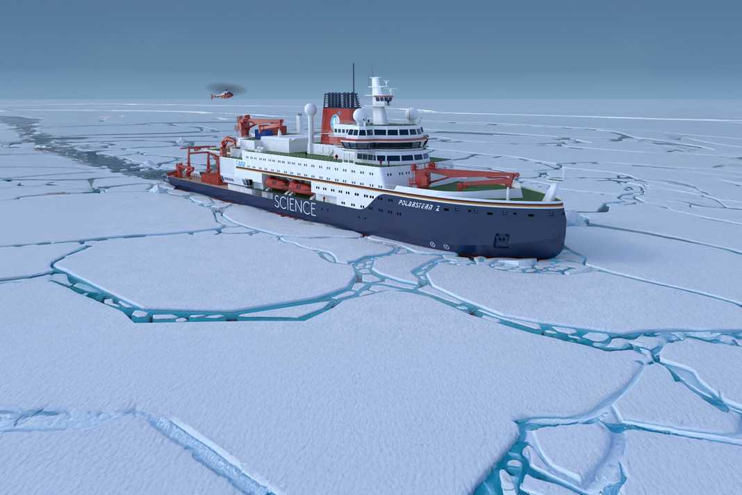 Rendering der "Polarstern II" in ihrem zukünftigen Einsatzgebiet.