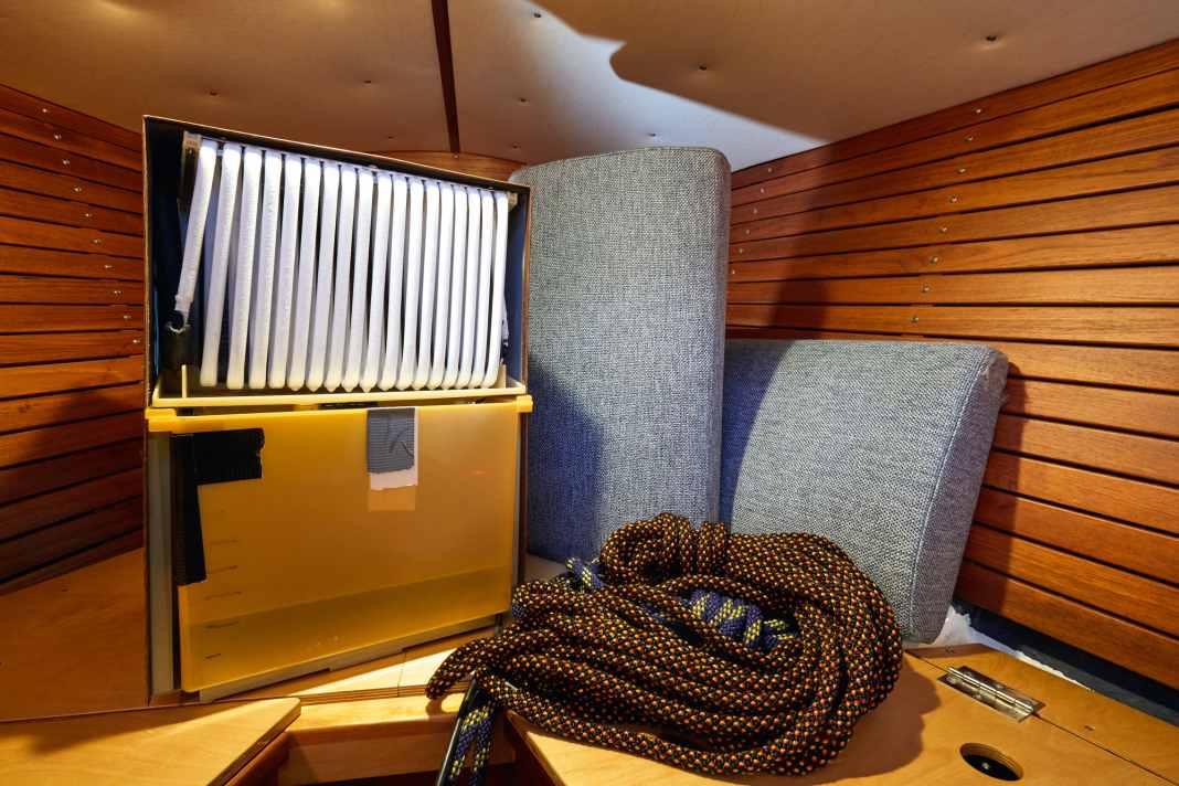 Condensation dryer in the foredeck.  The iced-up cooling element is defrosted regularly, then the water runs into the tank