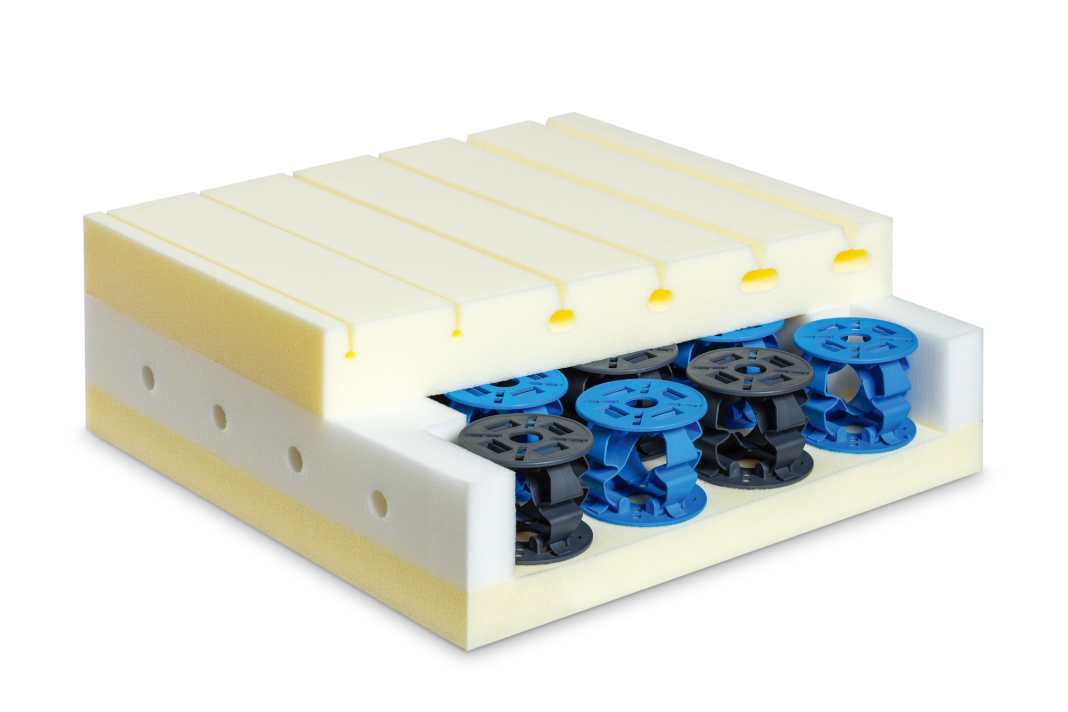 Springs: If you want the comfort of an innerspring mattress for your sleep, Calypso is the right choice. In the "Dream-Spring" model, plastic springs of varying firmness ensure lasting point elasticity. Side ventilation openings allow the mattress to breathe with every movement and thus ensure a dry sleeping environment. With a thickness of 18 centimetres, the construction requires a relatively large amount of space but, according to the manufacturer, makes a slatted frame or other slat bases superfluous / www.calypso-schlafsysteme.de