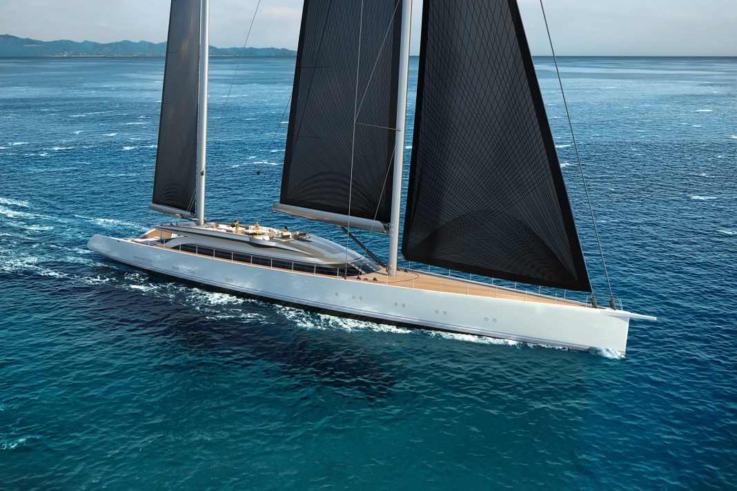 „Kaze“: Der Rumpf der 60-Meter-Ketsch zeigt sich schlicht, der Aufbau mit Sonnendeck flach. Zwei Sechs-Meter-Tender parken in einer Seitengarage