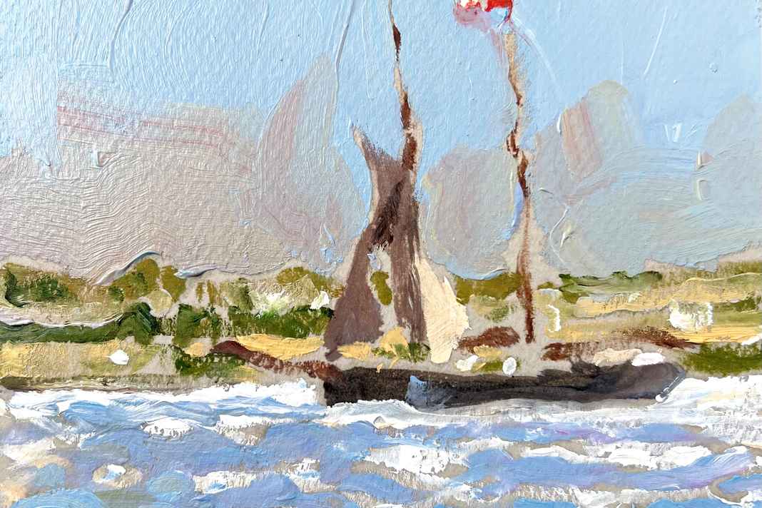 Hinnerk Bodendieck captured his impressions with a paintbrush on a cruise through the Danish South Sea: On the beach at Drejø, the view is to the south. A stiff breeze propels the large Marstal schooner under jib and schooner sail, and the boat sails swiftly between the islands