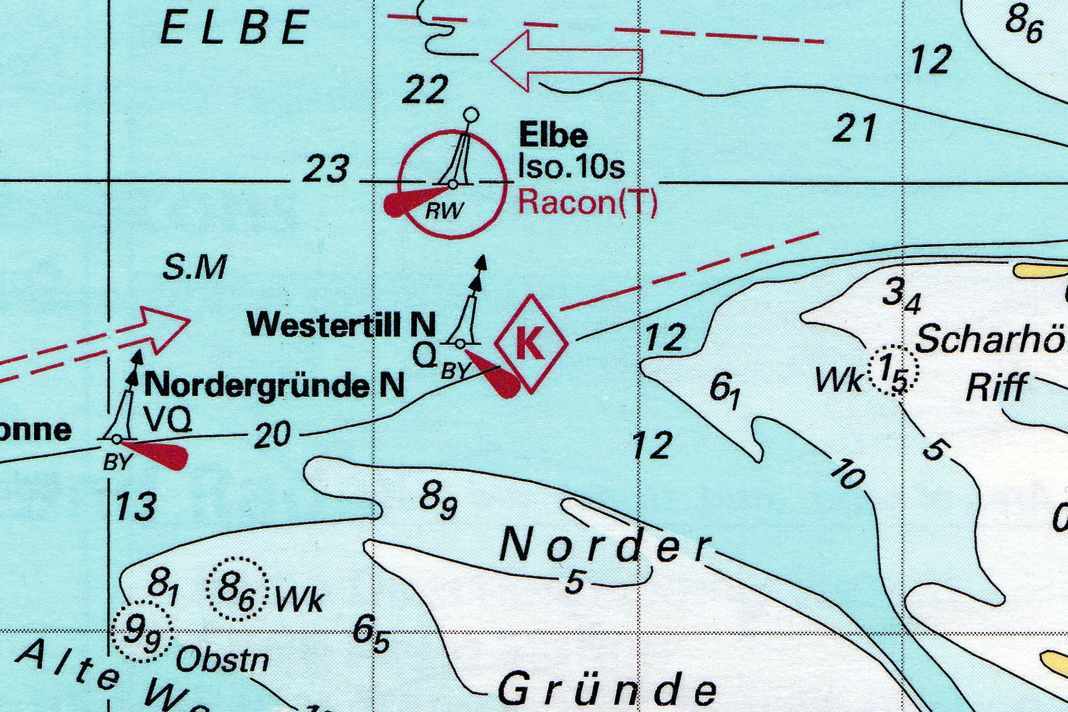 Stromraute auf einer britischen IMRAY-Sportbootkarte für die deutsche Nordseeküste