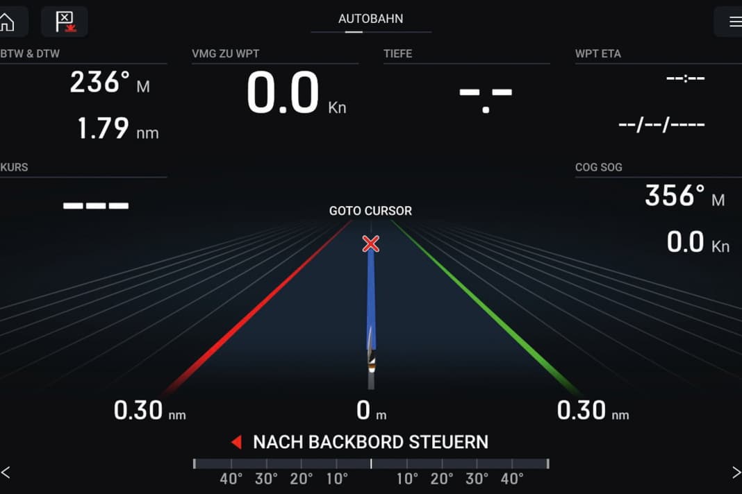 Sogenannte Highway-Darstellung: Bei aktivem Routing markiert die Mittelline den Sollkurs. Wie weit die Yacht sich daneben befindet, wird grafisch dargestellt. Die Ränder können individuell eingestellt werden