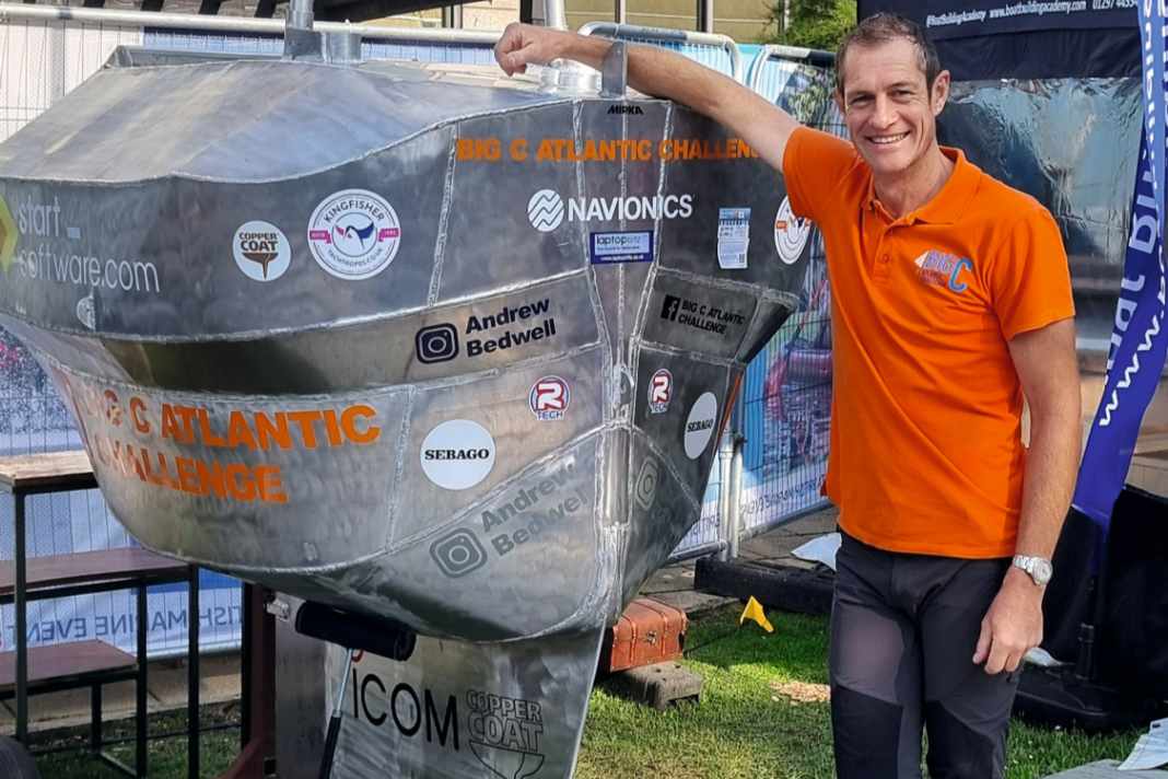 Bedwell and his aluminium "BIG CV2" looking for sponsors during the Southampton Boat Show. Highest bidders get a place above the waterline.