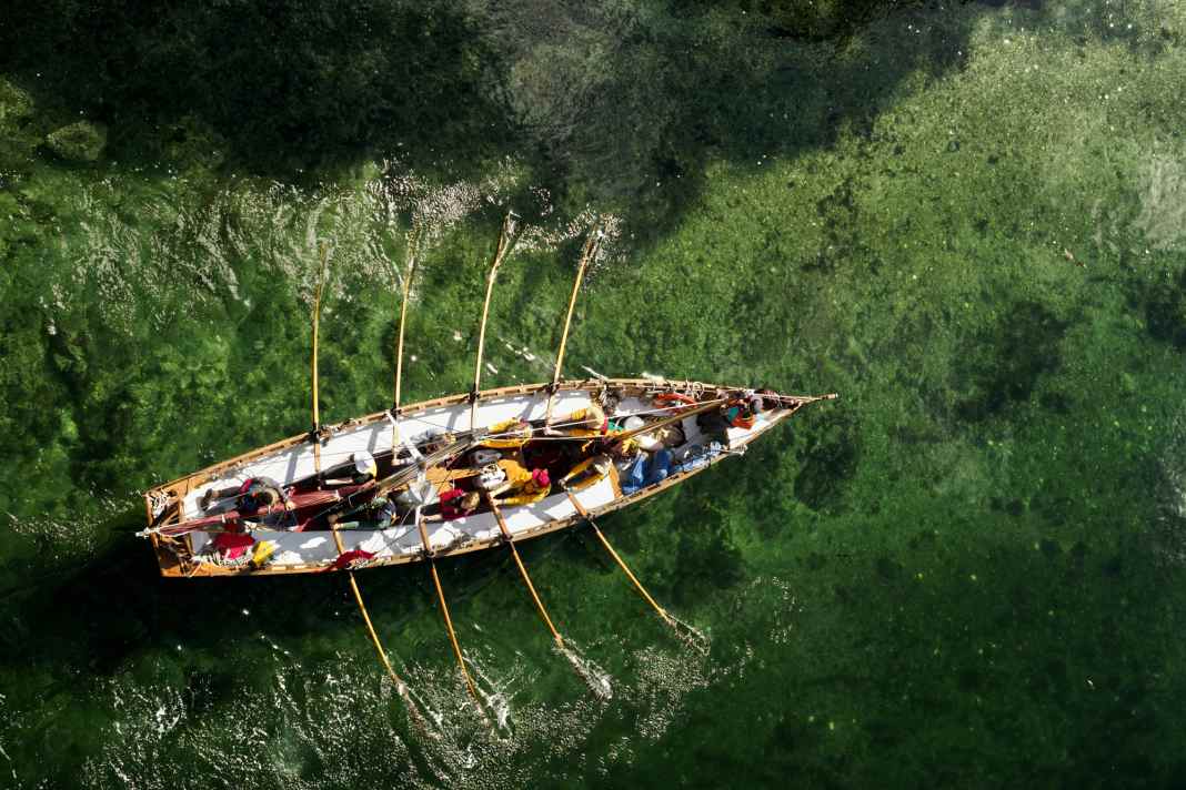 Eight youngsters man the oars when the traditional longboat is to be kept under way without sails.