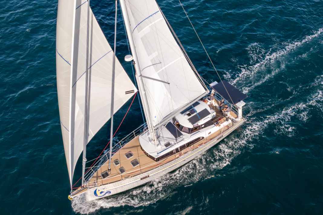 Code Zero, genoa and stay jib usually remain furled and are available at all times. Photo: Alubat / Nicolas Michon