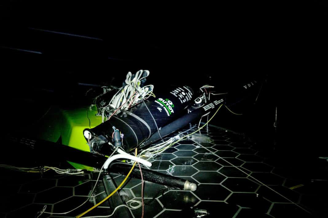 The overturned mast on board "Guyot"