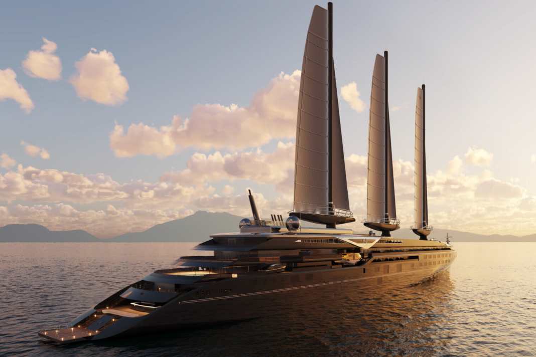 L'"Orient Express Corintian" au large de Portroferraio dans une image de synthèse.